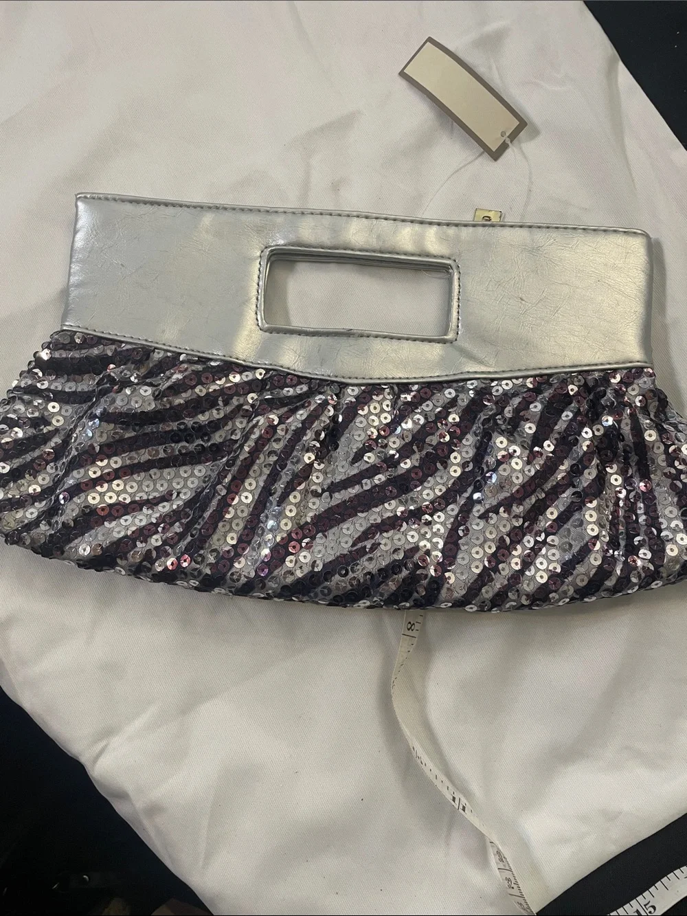 Sequin Zebra-Print Wristlet Clutch in Silver